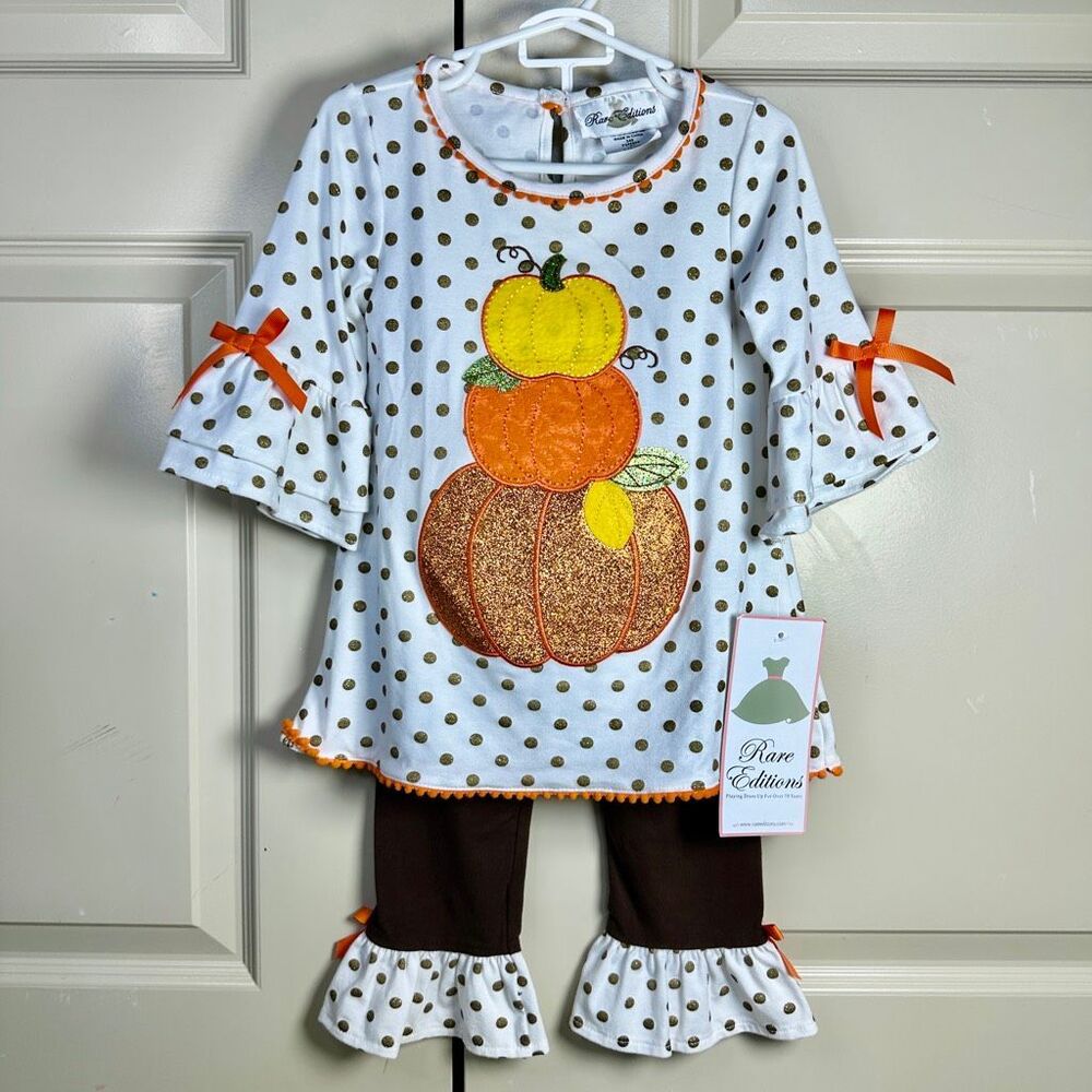 RARE EDITIONS Girls Size 4T Pumpkins Polka Dot Thanksgiving 2-Pc Legging Set NWT